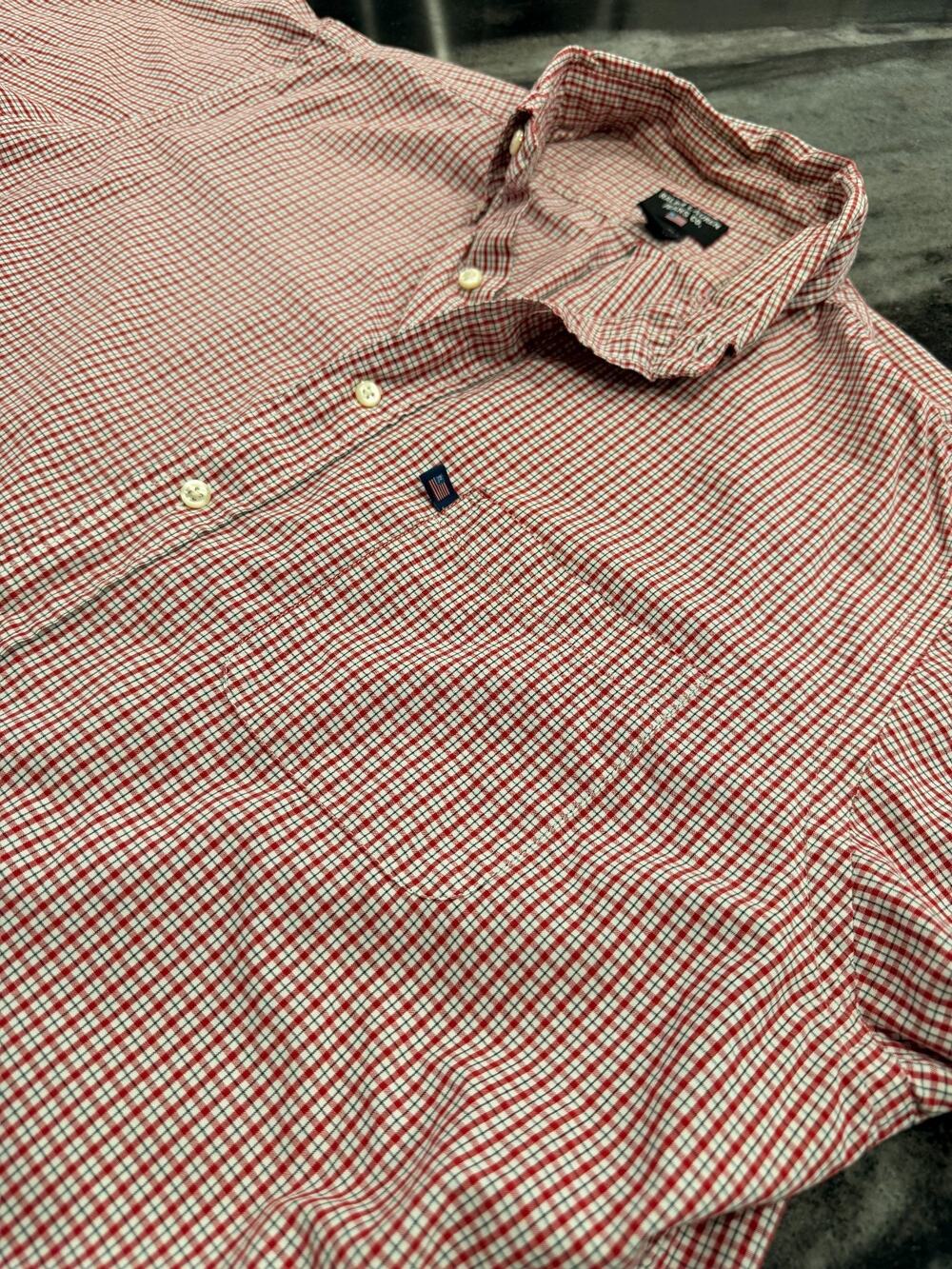 Vintage Ralph Lauren Jeans Co Mens L Red Check Flag Short Sleeve Button Down